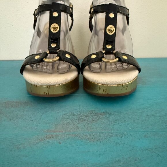 COACH Mercy Crinkle Patent Leather Wedge Sandals Sz 9 - Picture 3 of 13